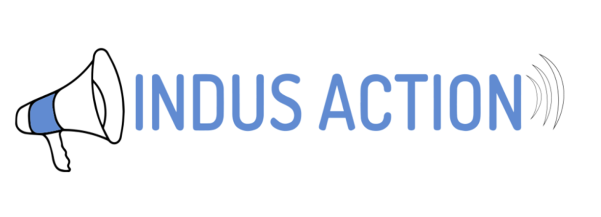 Indus Action logo showing, from left to right, a white and light blue megaphone, the light blue writing “INDUS ACTION” and the white picture of sound waves.